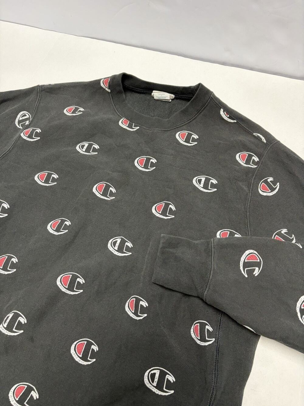 Champion Reverse Weave Retro Faded Mens Black Graphic Printed Sweater Size Large